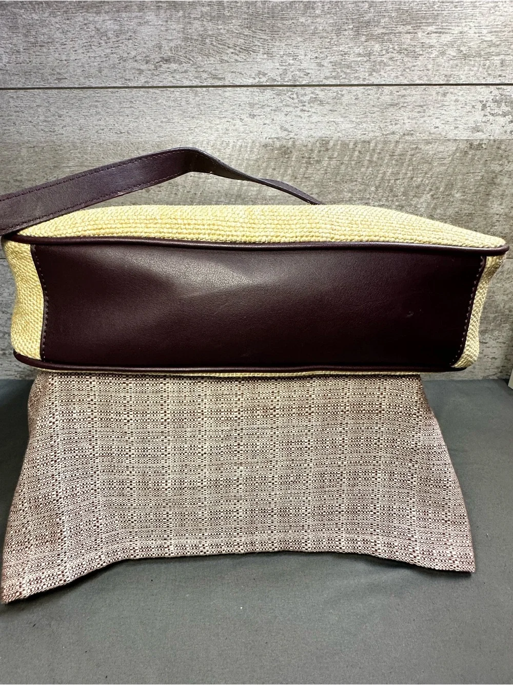 VTG Etienne Aigner Light Tan Woven Fabric & Brown Leather Shoulder Bag Purse
